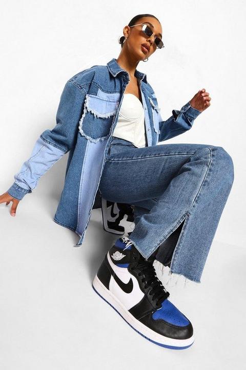 Womens Patchwork Colour Block Rigid Denim Shirt - Blue - 6, Blue