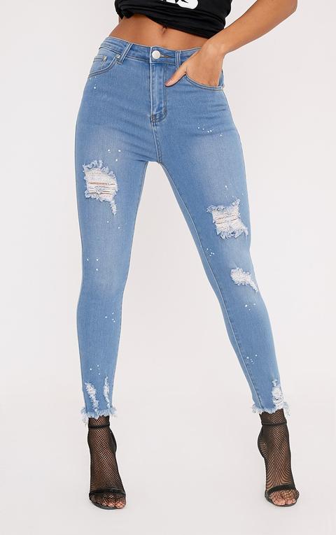 Light Wash Bleach Splatter Distress High Waisted Skinny Jean