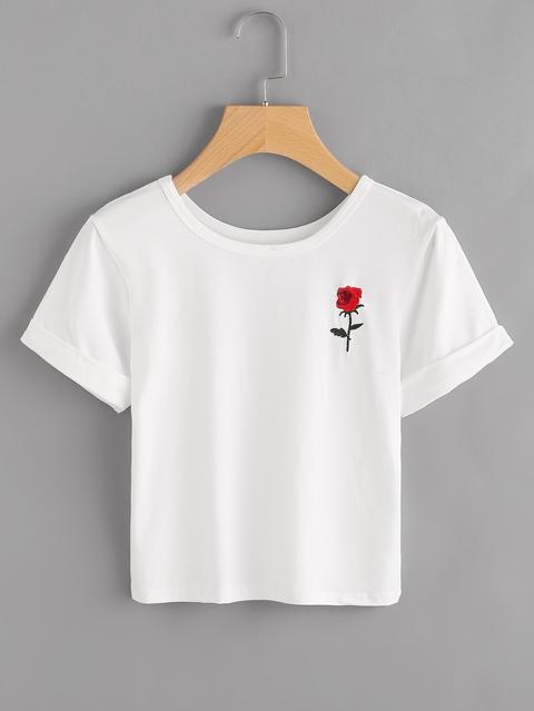 Rose Embroidered Cuffed Tee