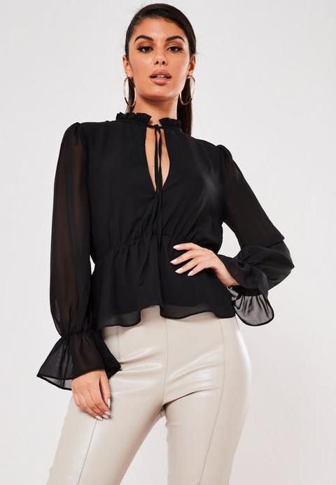 Black Chiffon Balloon High Neck Blouse, Black