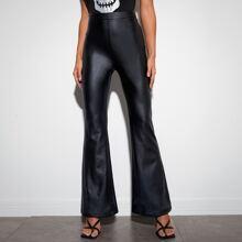 Pantalones Pu De Pierna Amplia Con Cremallera Lateral