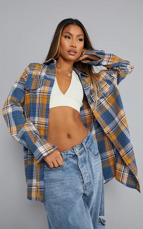 Blue Checked Pocket Detail Oversized Shirt