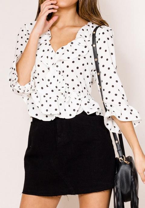 Camicetta A Pois Maniche Lunghe A Tre Quarti Scollo A V Elegante Bianco