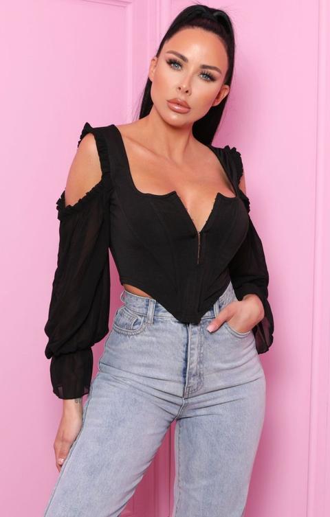 Black Cut Out Shoulder Structure Mesh Sleeve Crop Top - Rey