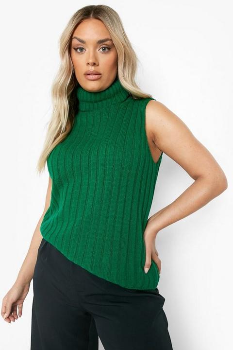 Womens Plus Roll Neck Knitted Vest - Green - 28, Green