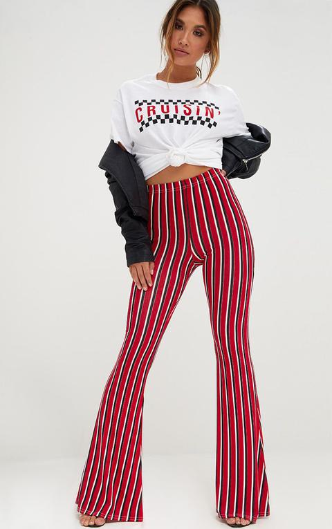 Red Jersey Vertical Stripe Flared Trousers, Red