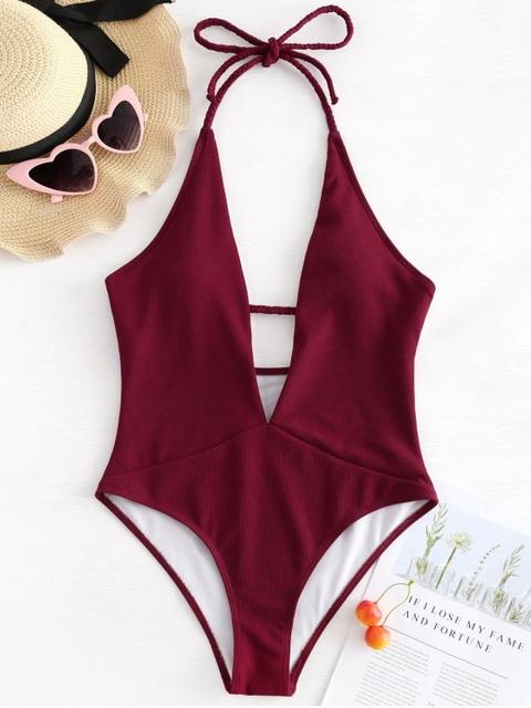 Ribbed Plunge Neckline Plaited Swimwear Light Blue Red Wine White Yellow