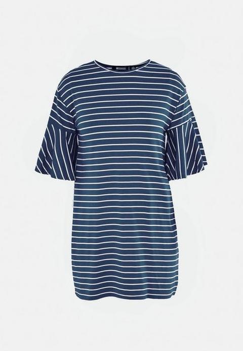 Blue Stripe Frill Sleeve T Shirt Dress, Blue