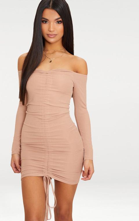 Stone Ribbed Long Sleeve Bardot Ruched Bodycon Dress