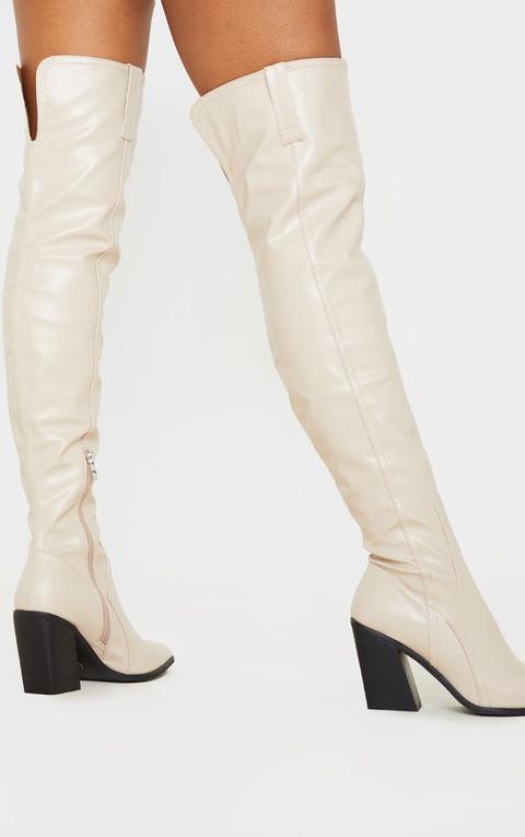 Nude Block Heel Thigh High Western Boot