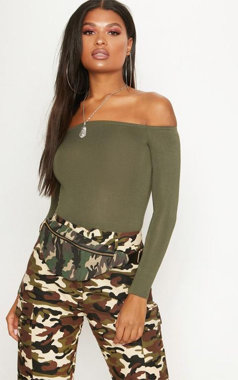 Khaki Bardot Bodysuit, Green