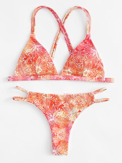 Set De Bikini De Espalda Con Tiras Cruzadas Con Estampado Floral