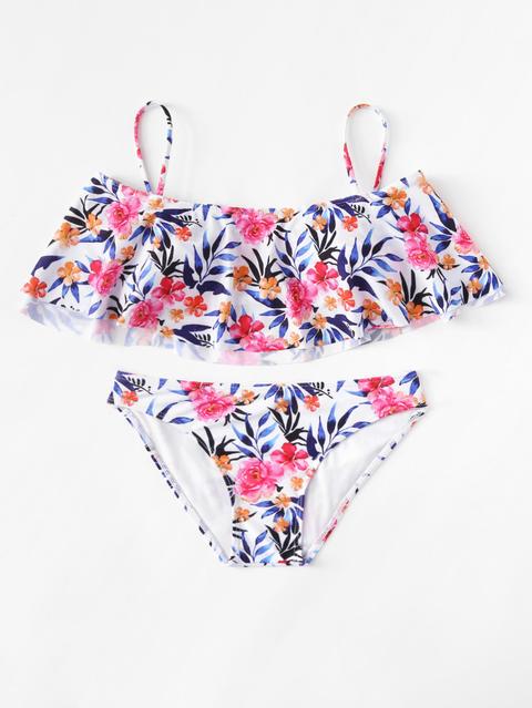 Set De Bikini Con Estampado De Calicó Con Volante