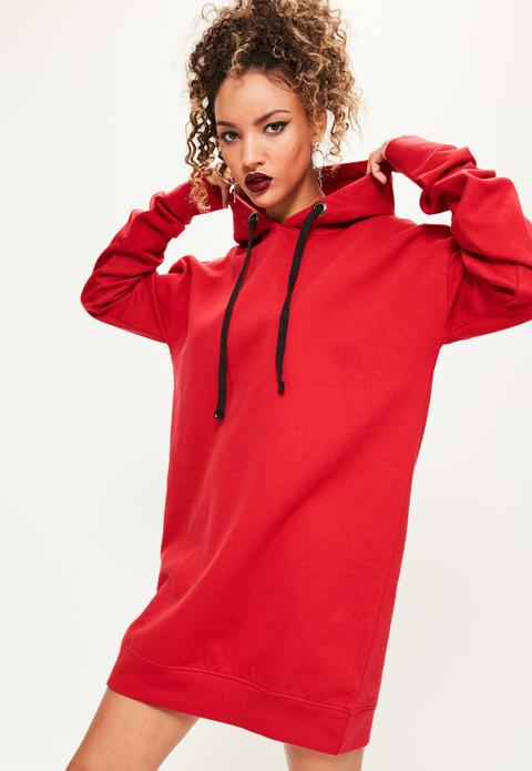 Red Eyelet Fleeceback Hooded Sweater Dress