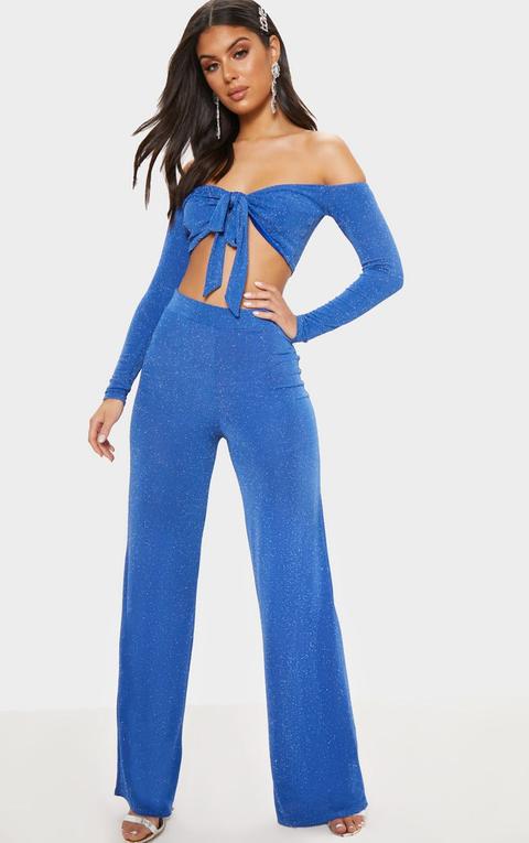 Cobalt Textured Glitter Wide Leg Trouser