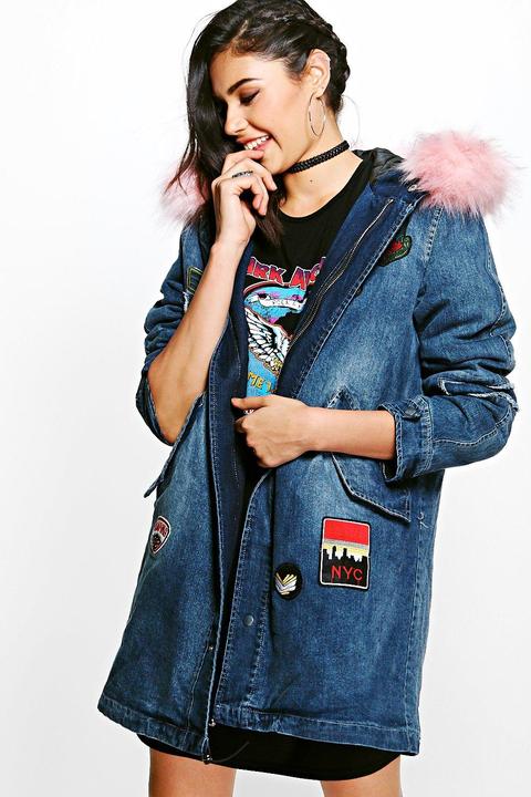 Karen Parka In Denim Con Cappuccio In Pelliccia Sintetica