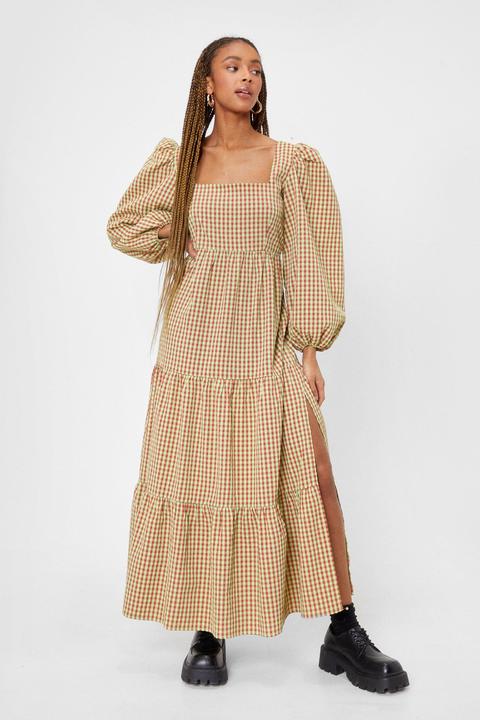 Womens Gingham Puff Sleeve Smock Maxi Dress