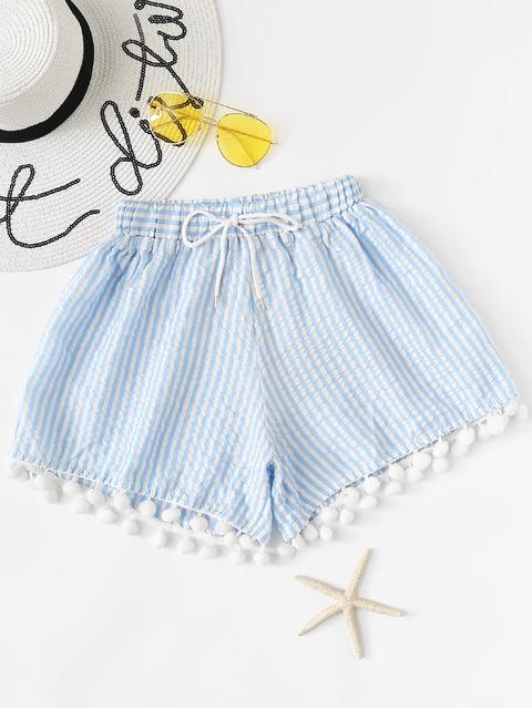 Shorts Ribete Con Bola De Cintura Con Cordón