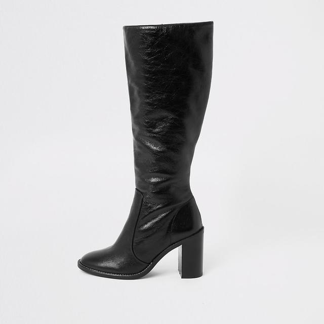 black leather knee high boots block heel