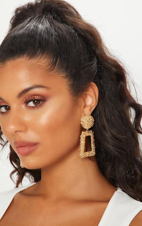 Gold Chunky Textured Square Drop Door Knocker Earrings