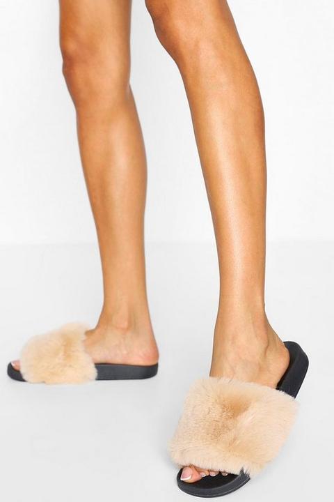 Womens Fluffy Sliders - Beige - 6, Beige