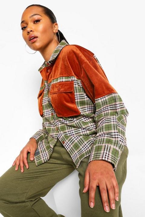 Womens Plus Cord Panel Checked Boyfriend Overshirt - Green - 22, Green