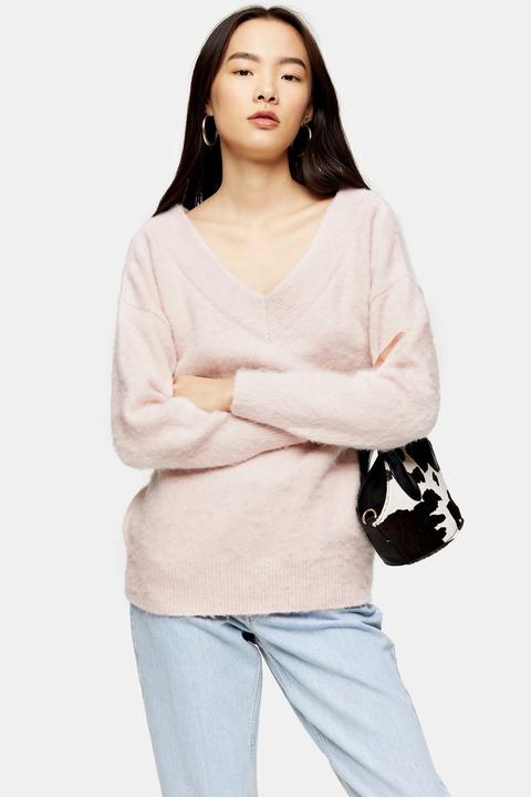 Womens Pink Knitted Brushed Bardot Jumper - Pale Pink, Pale Pink