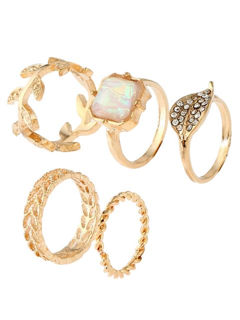 Cube Stone Leaf Shaped Ring Set 5pcs