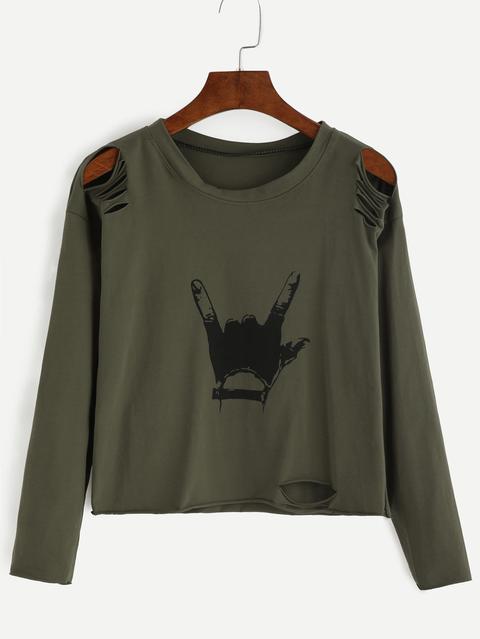 Army Green Gesture Print Distressed T-shirt