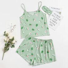 Conjunto De Pijama Con Estampado De Aguacate Con Máscara De Ojo