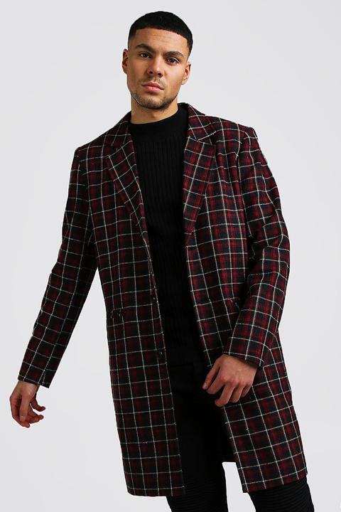 Mens Red Check Wool Look Overcoat, Red