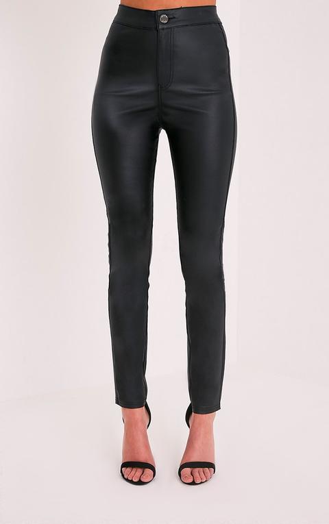 Tyris Black Leather Look Coated Skinny Trousers