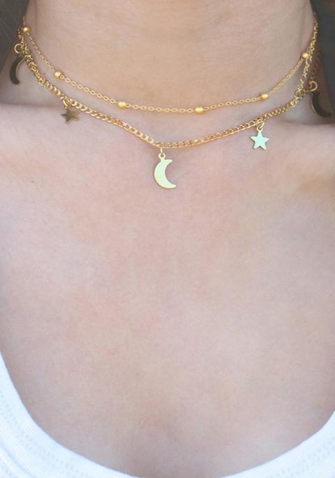 Collana Stelle Luna Mezzaluna A Strati D'oro