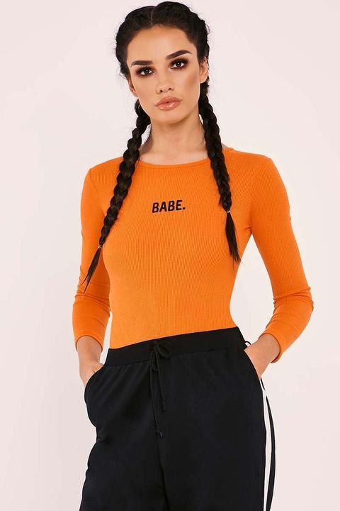 Orange Bodysuits - Sarah Ashcroft Babe Slogan Orange Ribbed Bodysuit