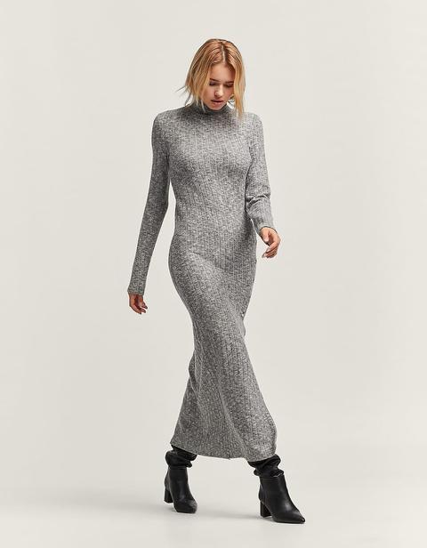 Robe Longue Col Cheminée Gris Mélangé