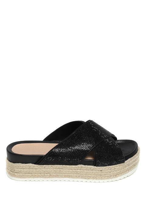 Sassy Black Cross Over Diamante Strap Espadrilles