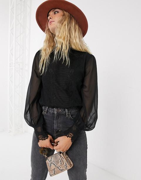 Blusa Con Mangas Transparentes En Negro De Topshop