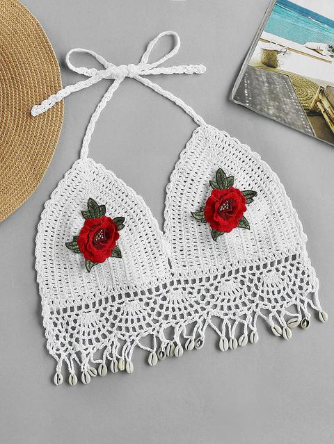 Halterneck Embroidered Appliques Crochet Top