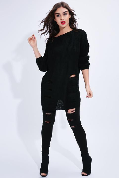 Black Drop Shoulder Oversized Ripped Jumper Dress