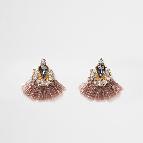 Beige Tassel Fan Jewel Embellished Earrings