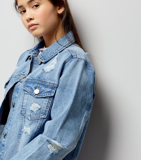 Teens Blue Ripped Oversized Denim Jacket