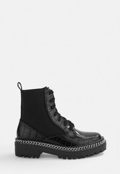 black patent lace up chunky ankle boots