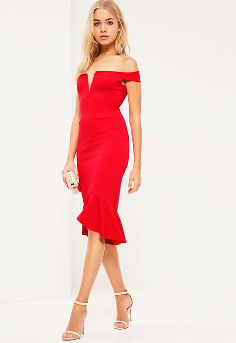 Red V Bar Bardot Frill Bottom Dress