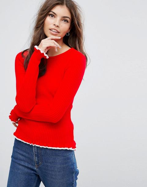 Asos - Maglione A Coste Con Righe A Contrasto E Ruches - Rosso