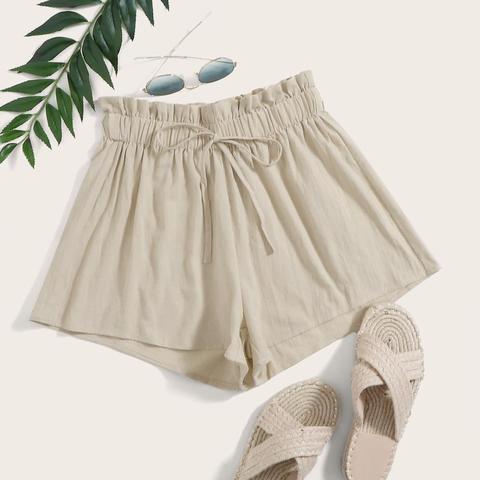 Solid Paperbag Waist Tie Front Shorts