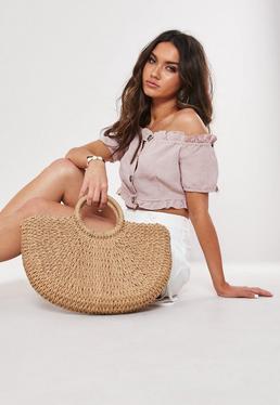 Crème Sac À Main Beige Demi-lune En Raphia
