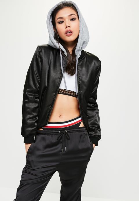 Black Hooded Satin Bomber Jacket