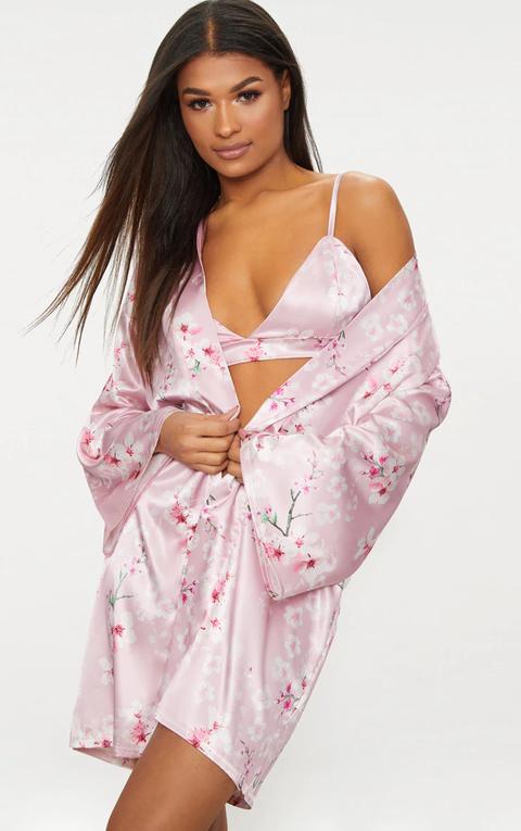 Pink Blossom Printed Satin Robe, Pink