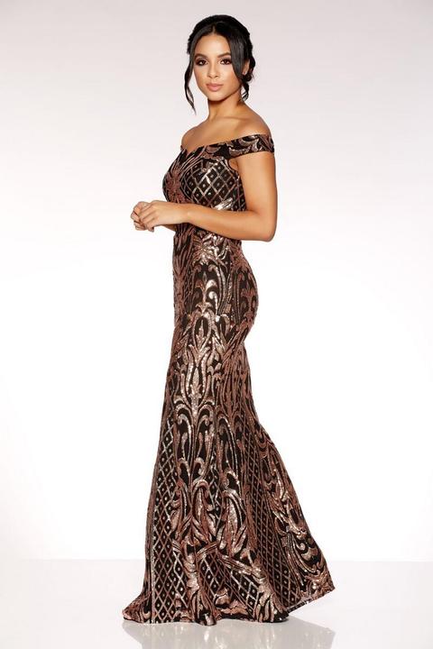 quiz black and rose gold sequin bardot maxi dress