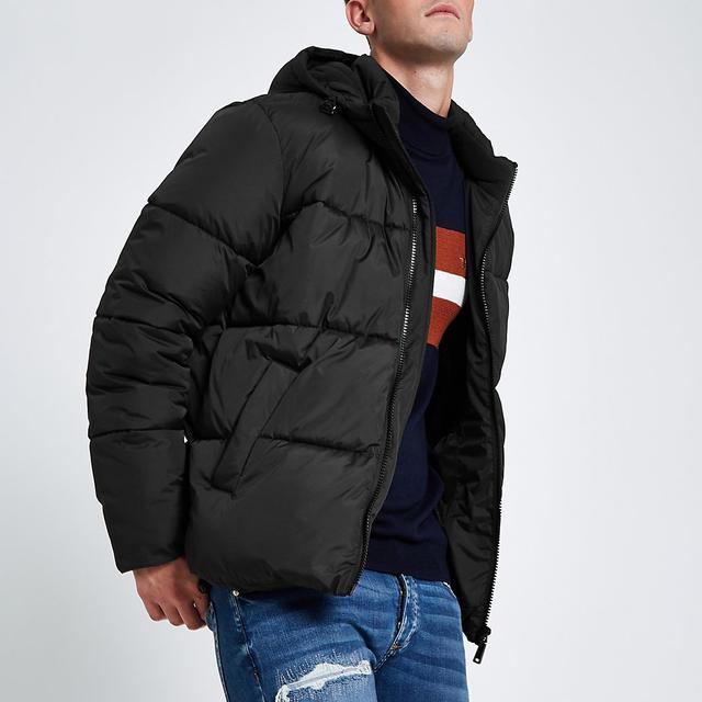 river island black hooded puffer jacket